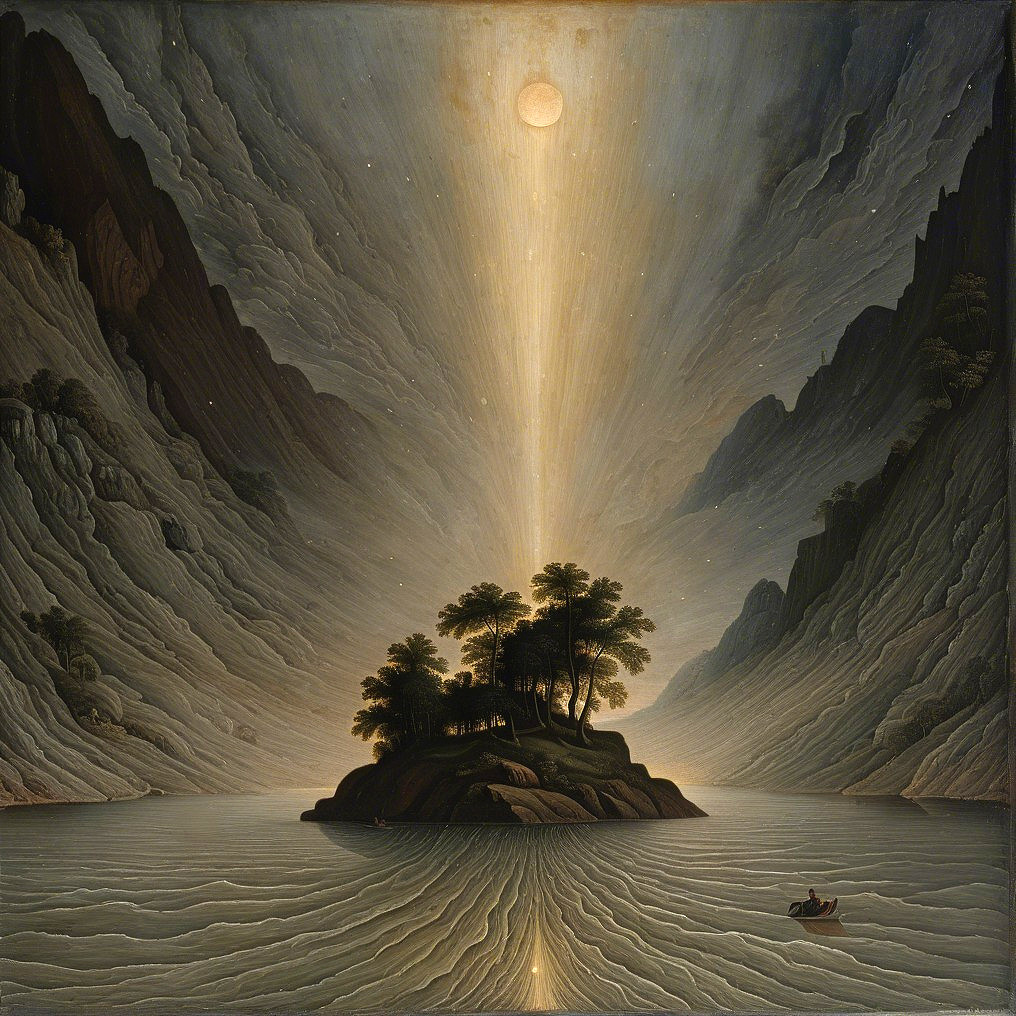Moonlit Island Scene with Mountains and Tranquil Waters