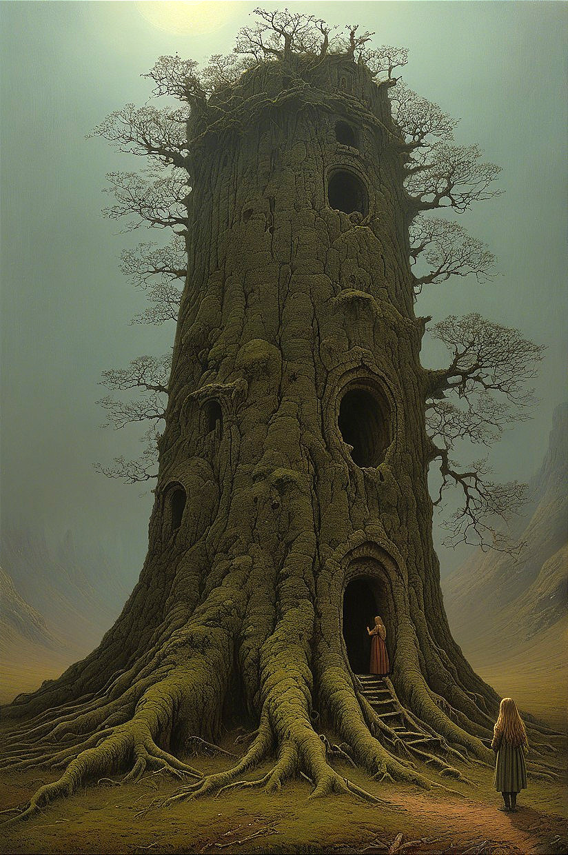Ancient Tree in Mystical Landscape with Ethereal Light