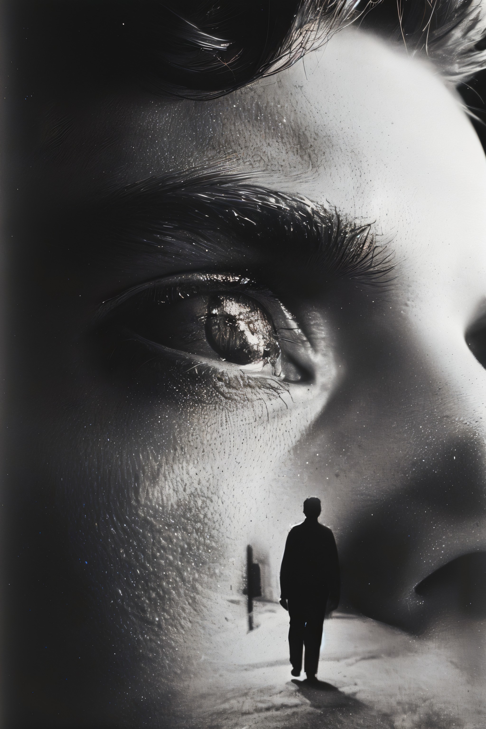 Close-Up of Eye Reflecting Distant Figure Walking