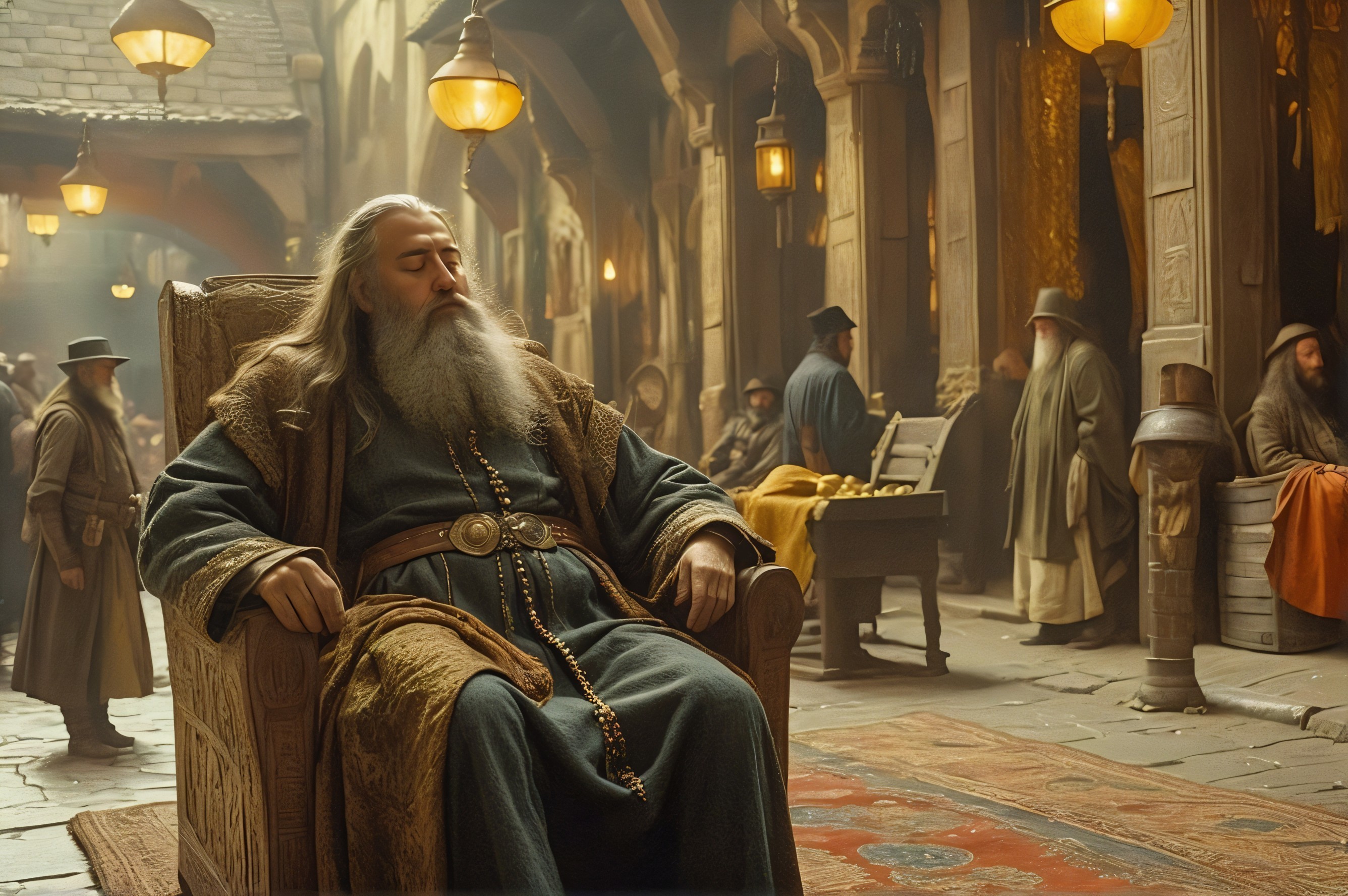 Medieval Marketplace Scene with Wise Man on Throne