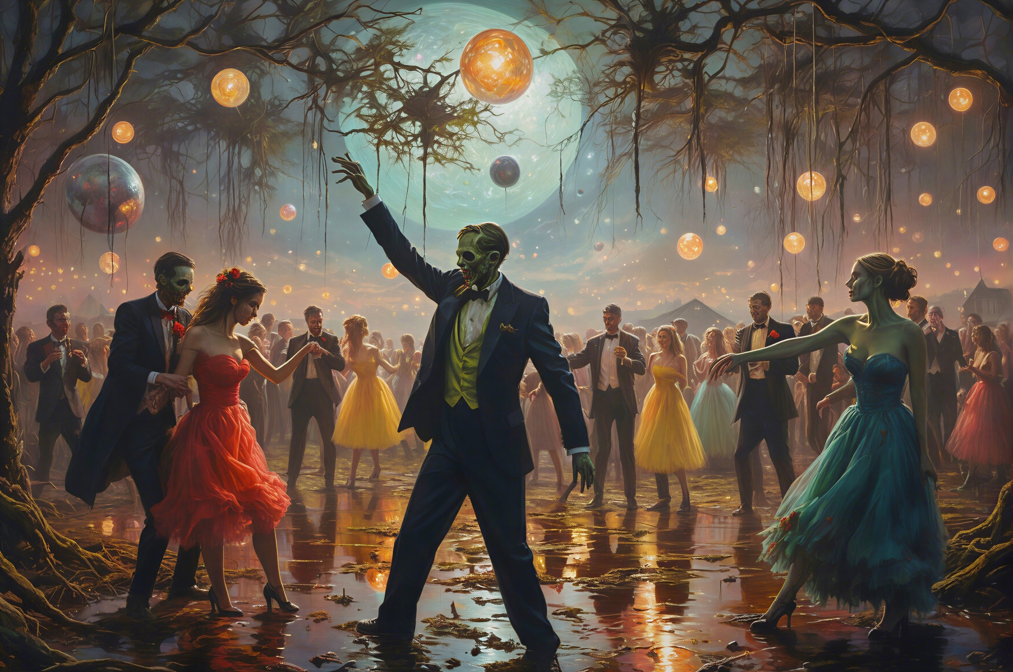 Surreal Ballroom Scene with Zombies and Humans Dancing