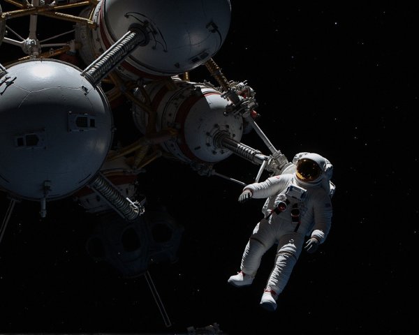 Astronaut in White Suit Floating in Space with Craft