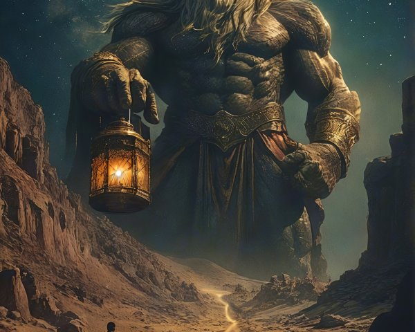 Colossal Horned Figure in Desolate Landscape Scene