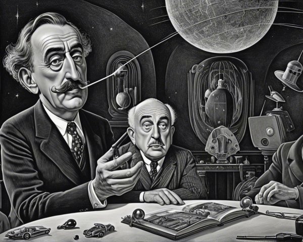 Surreal Monochromatic Scene with Dapper Men and Curiosities