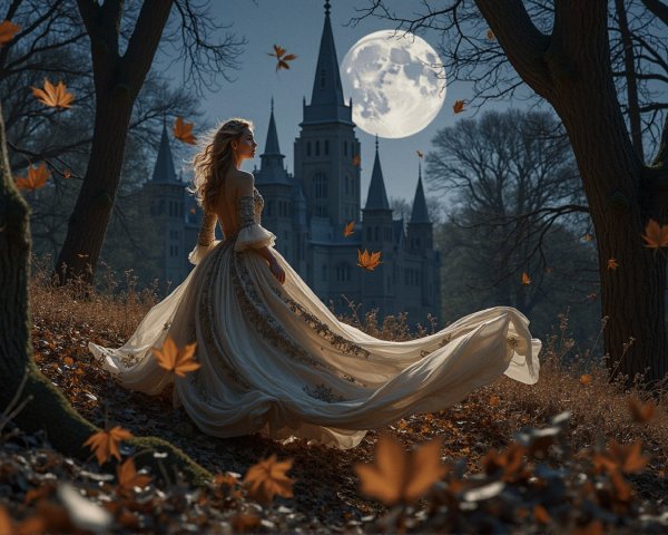 Enchanting Night Scene with Flowing Gown and Castle