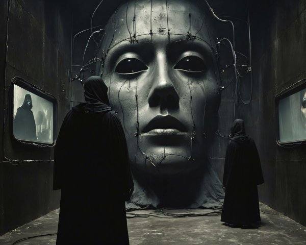 Cloaked Figures Before a Massive Robotic Head