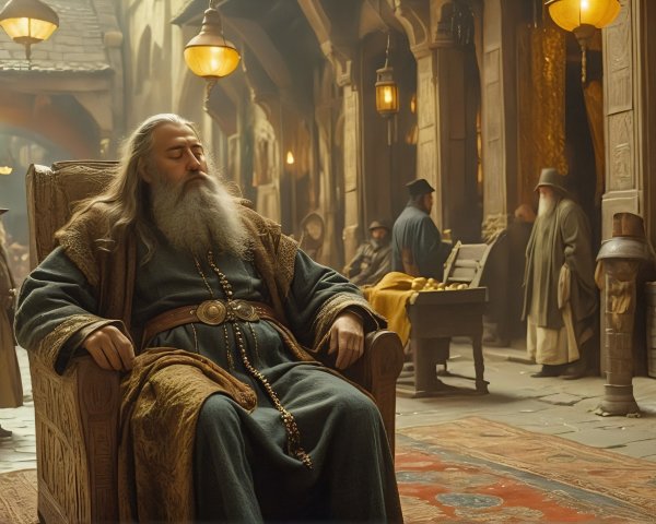 Medieval Marketplace Scene with Wise Man on Throne