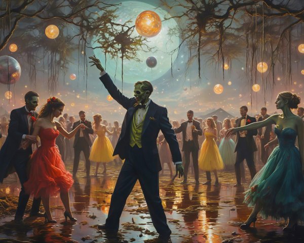 Surreal Ballroom Scene with Zombies and Humans Dancing
