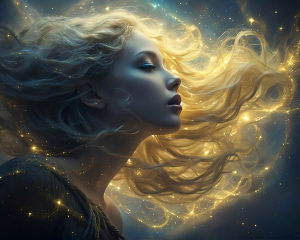 Ethereal Woman with Golden Hair in Cosmic Setting