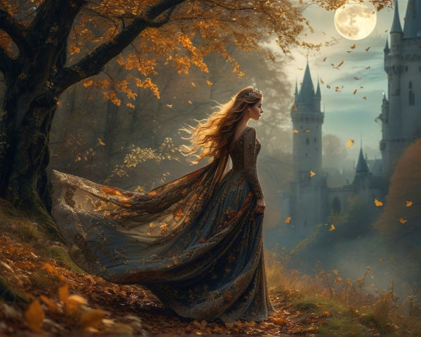 Graceful figure in gown among autumn foliage and castles