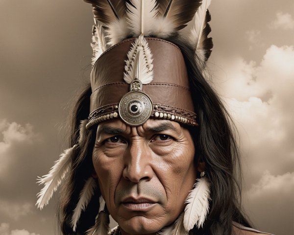 Stoic Figure in Traditional Attire with Dramatic Sky