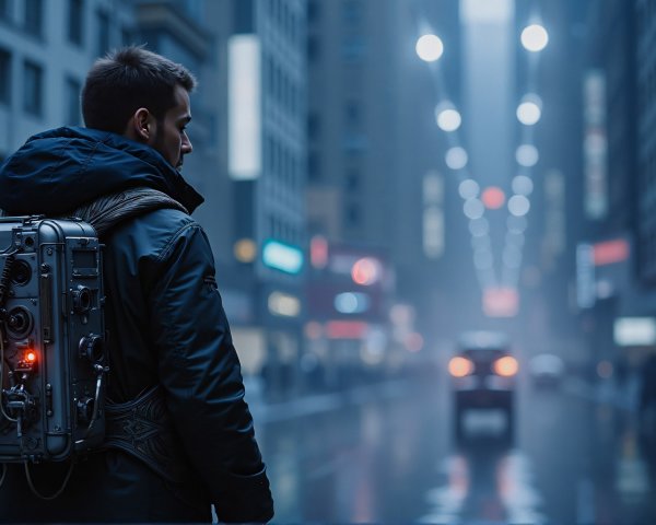 Lone Figure in Futuristic Urban Street Scene