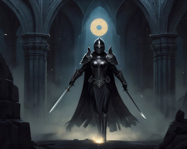 Warrior in Gothic Setting with Twin Swords and Armor