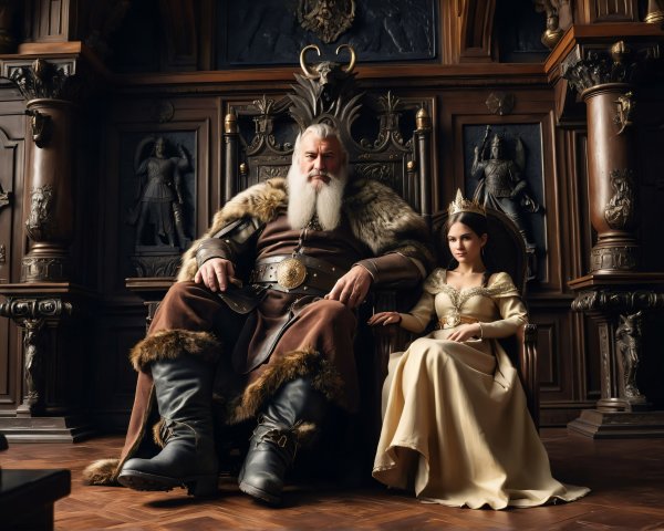 Regal King and Princess in Ornate Throne Room