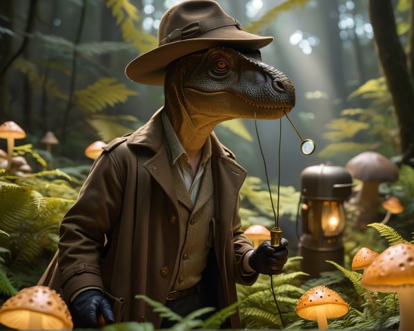Dinosaur in Trench Coat Explores Mystical Forest
