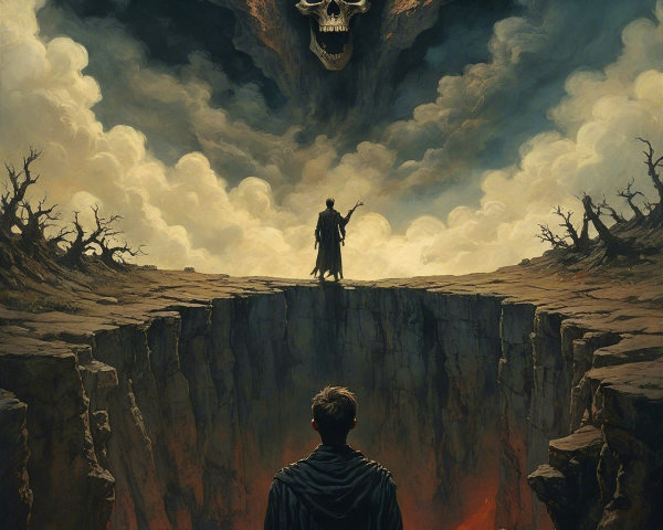 Man at chasm gazes into fiery abyss with skull above