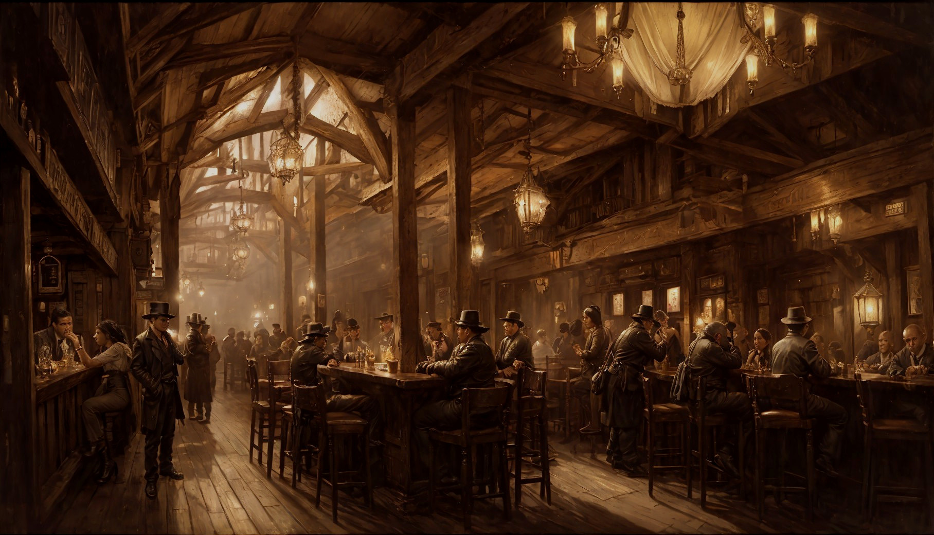 Rustic tavern scene with patrons enjoying evening ambiance