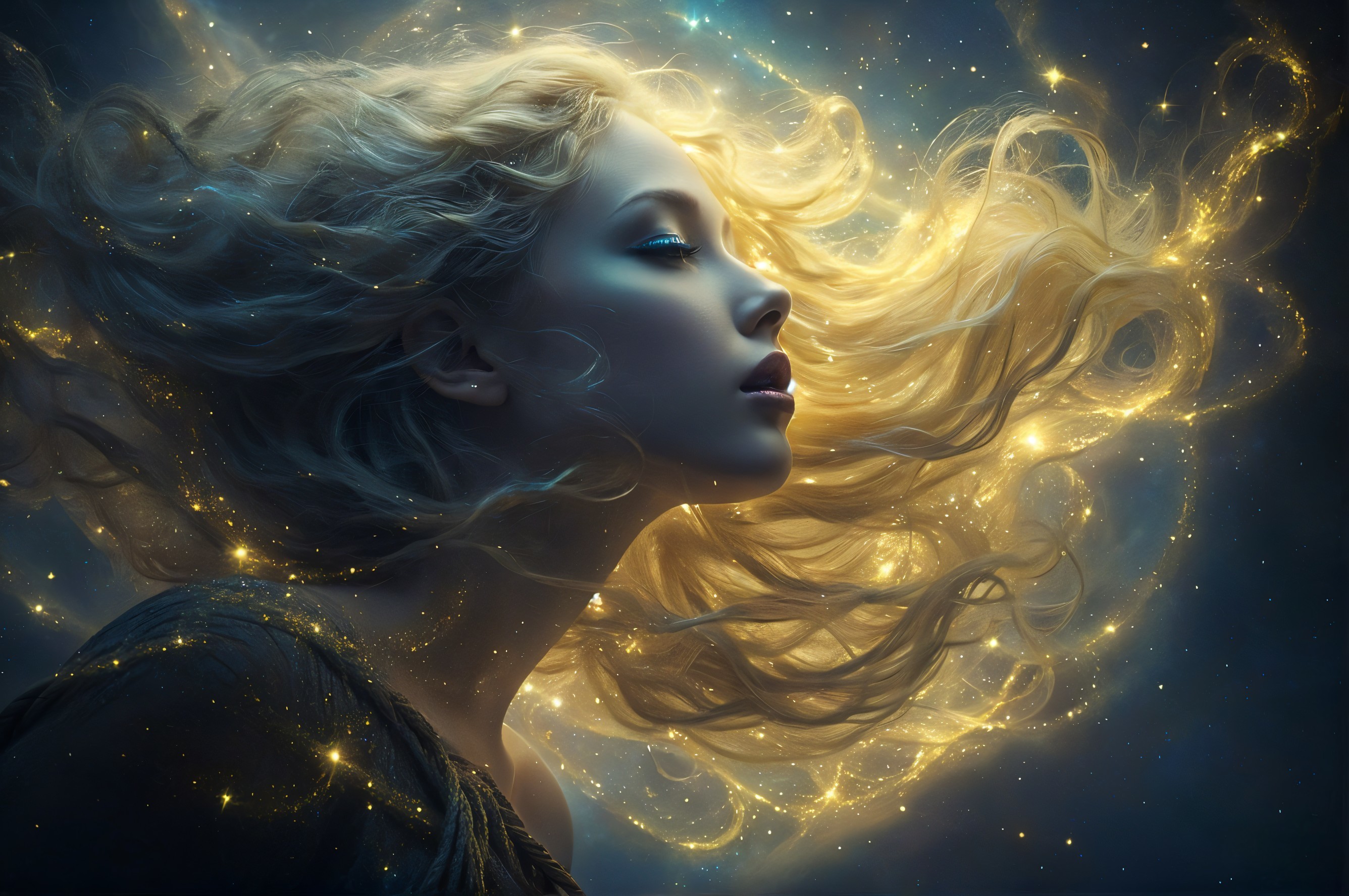 Ethereal Woman with Golden Hair in Cosmic Setting
