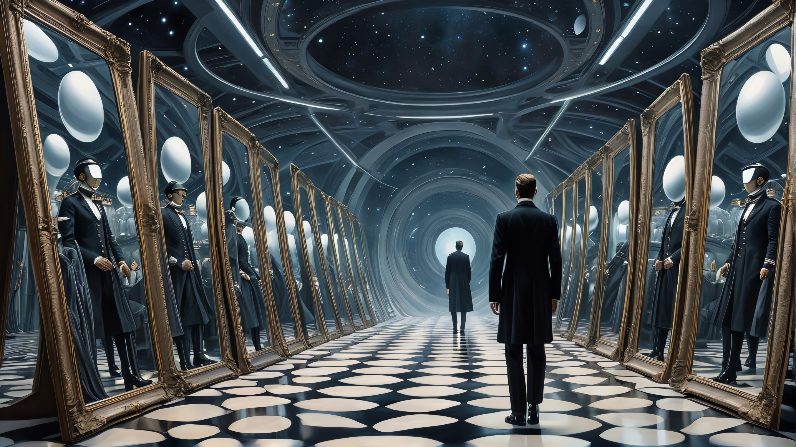 Futuristic Space with Mirrors and Faceless Figures