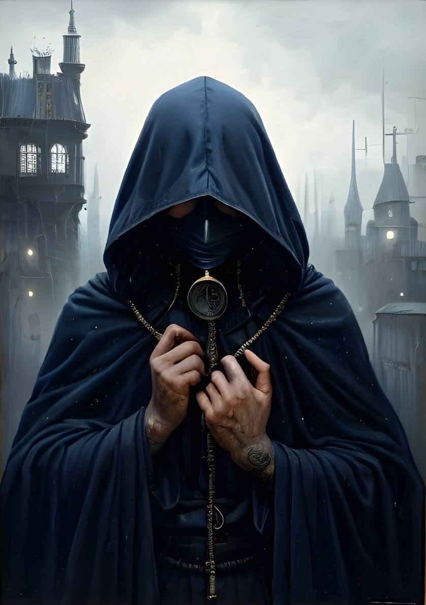 Mysterious Figure in Dark Robes with Ornate Key