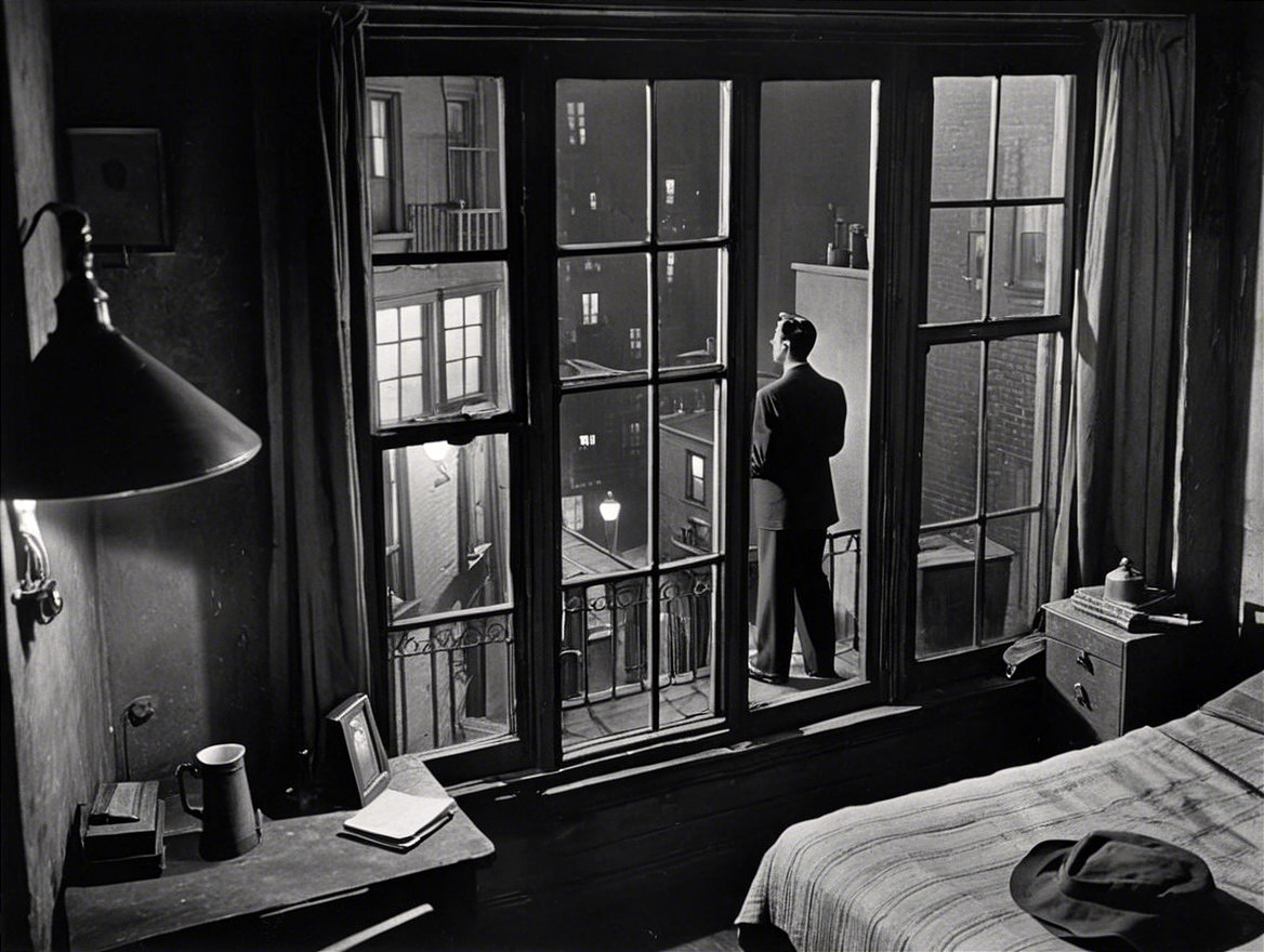Man in Suit Observing Urban Landscape from Window