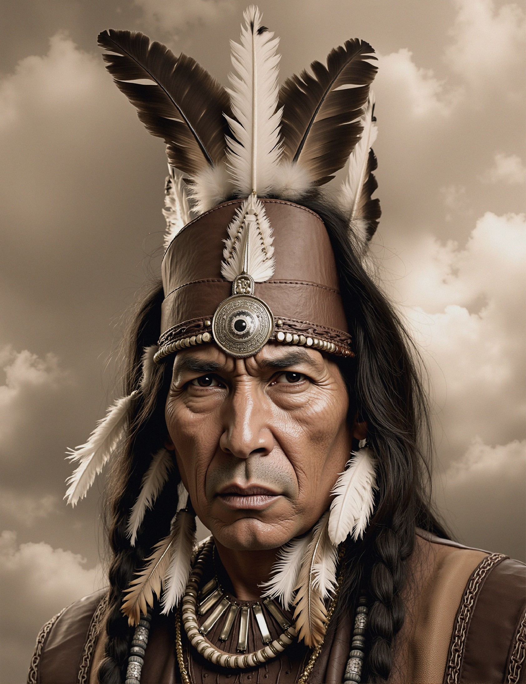 Stoic Figure in Traditional Attire with Dramatic Sky