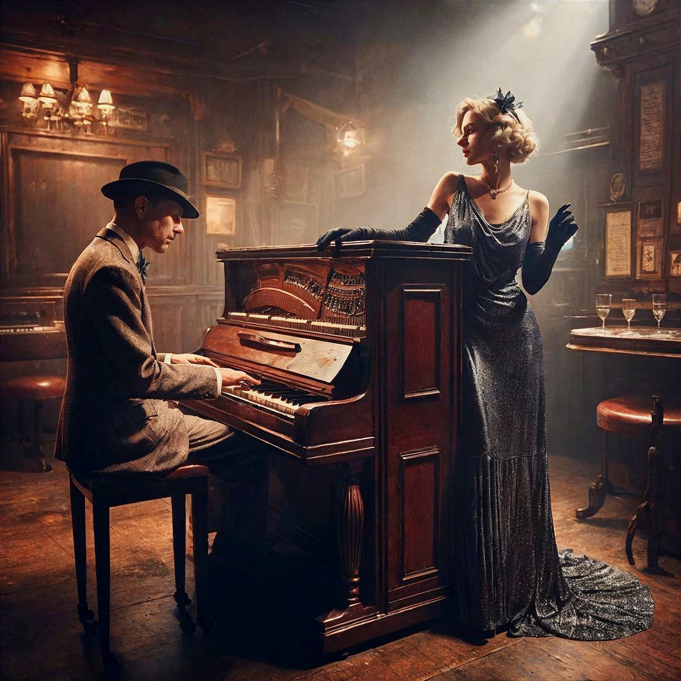 Vintage Speakeasy Scene with Piano and Elegant Attire