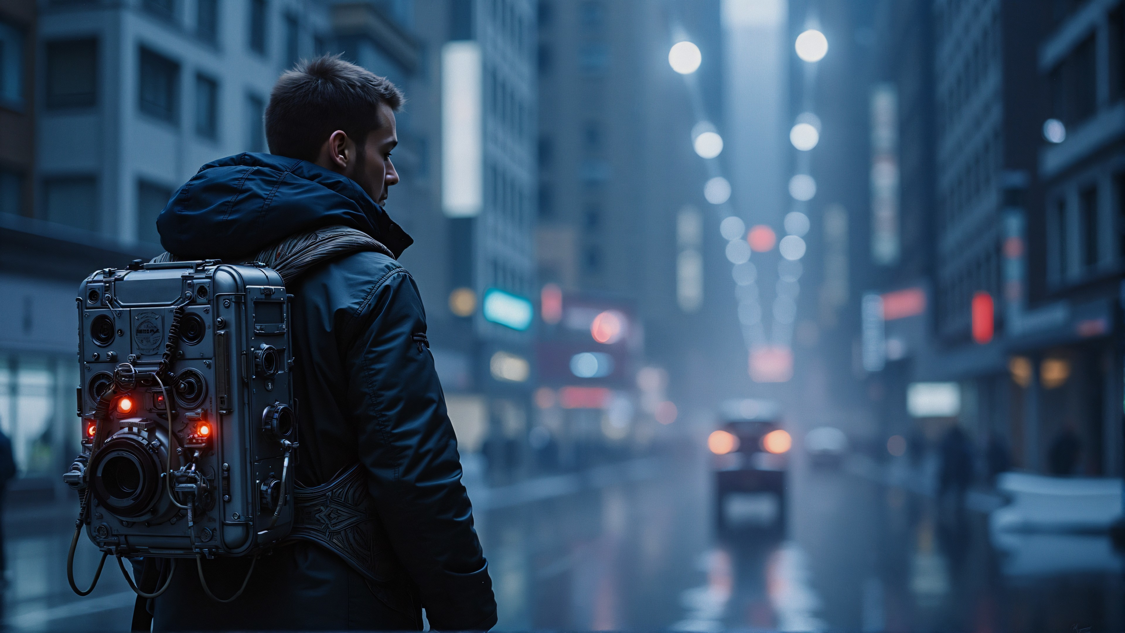 Lone Figure in Futuristic Urban Street Scene