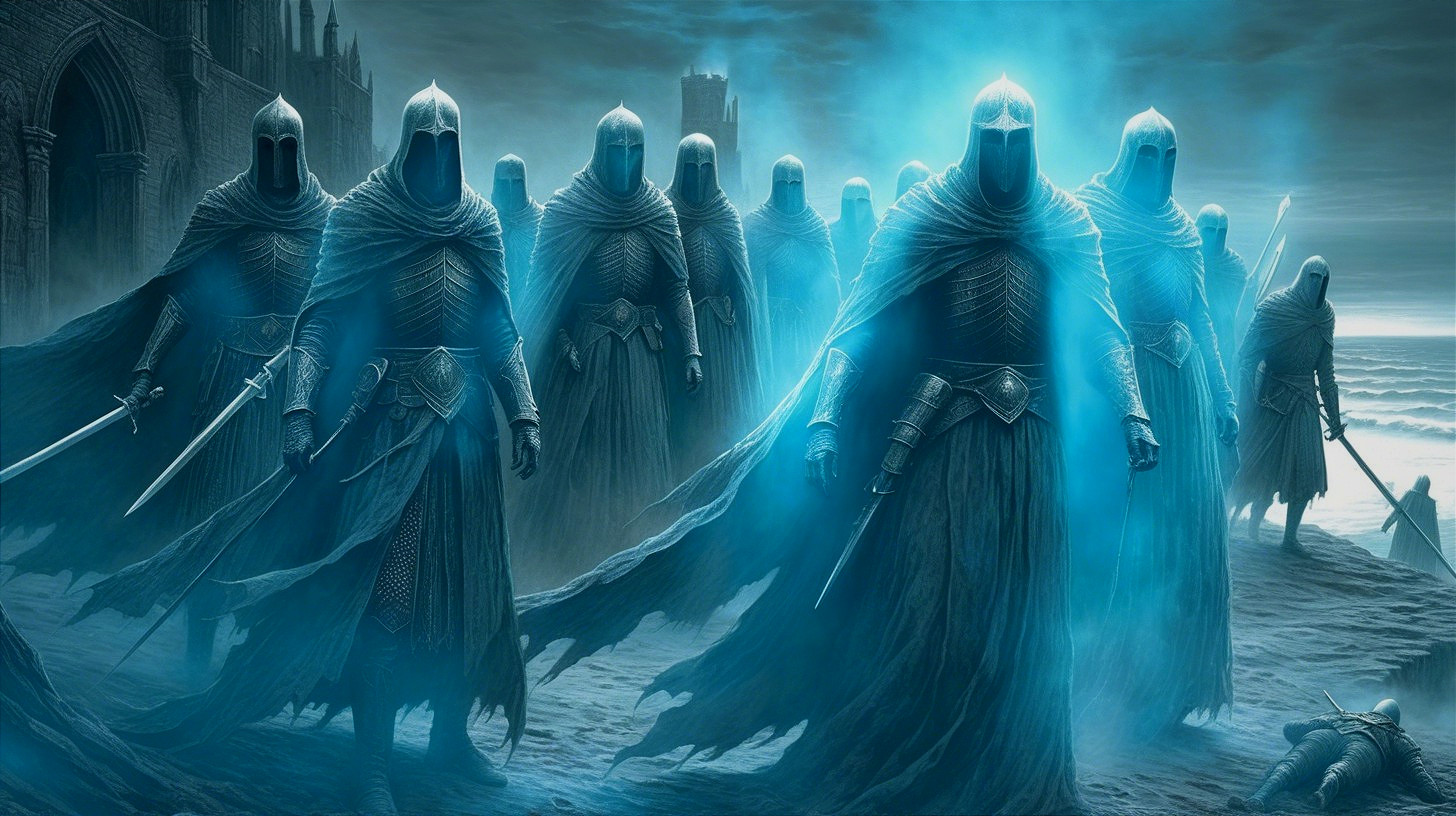Mysterious Figures in Dark Robes at Misty Shoreline