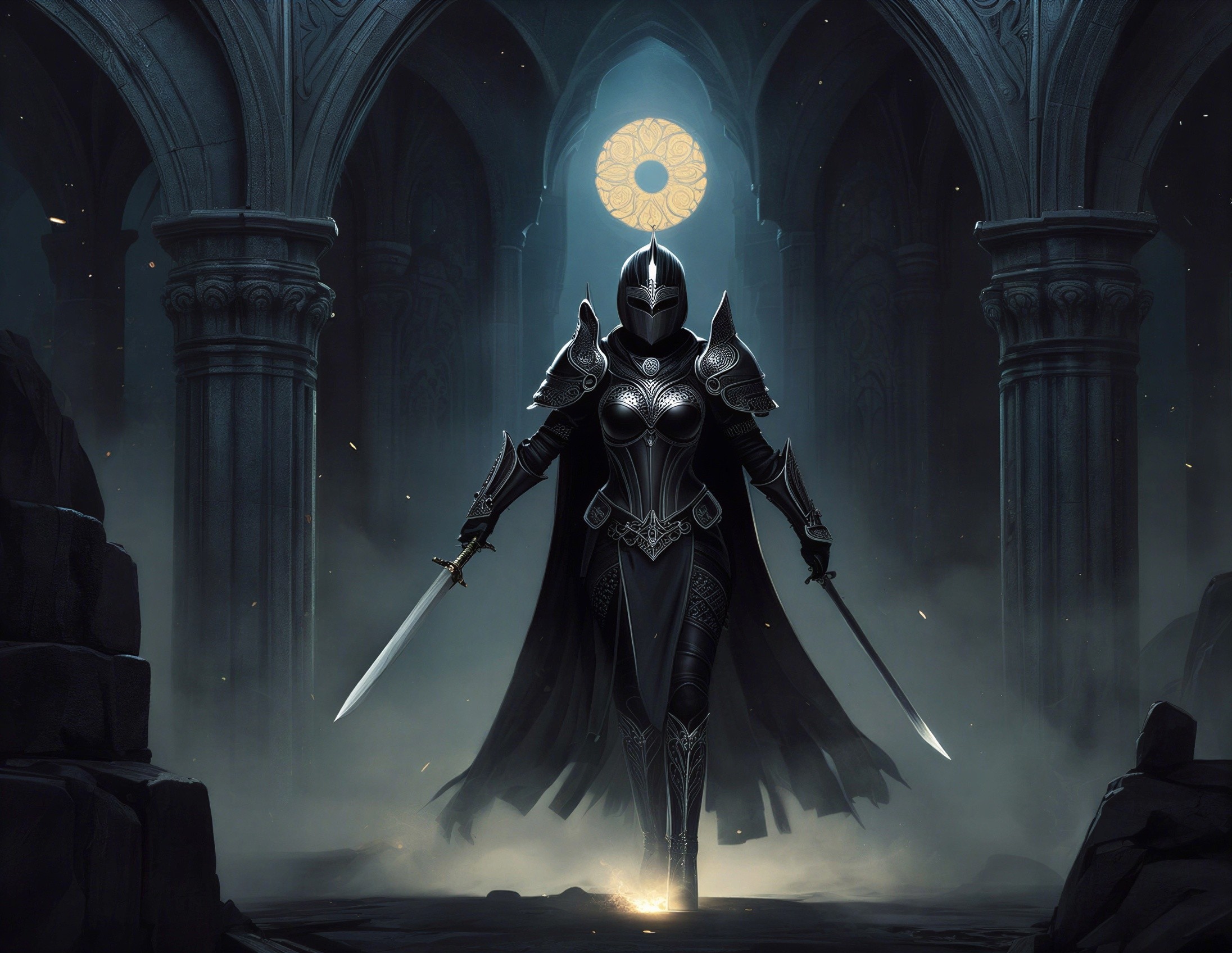 Warrior in Gothic Setting with Twin Swords and Armor