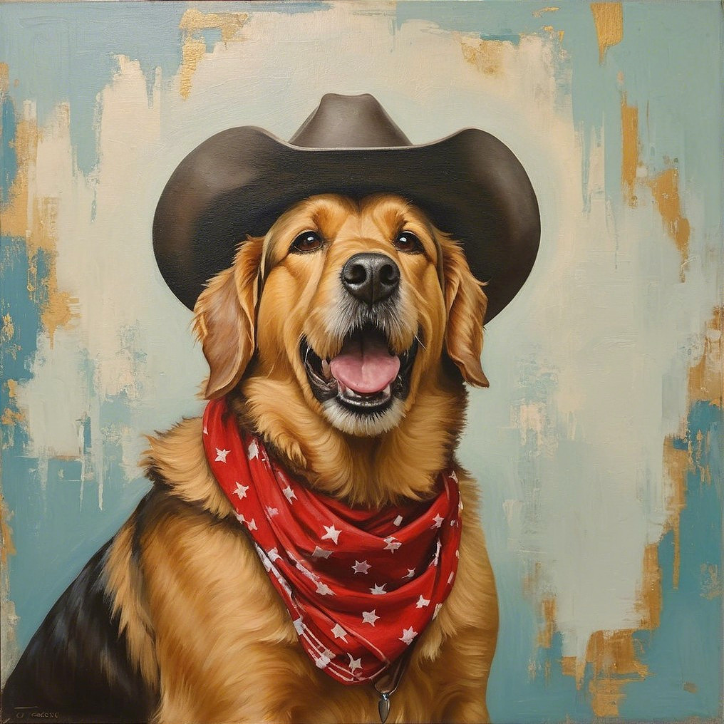Golden Retriever in Cowboy Hat and Bandana Portrait