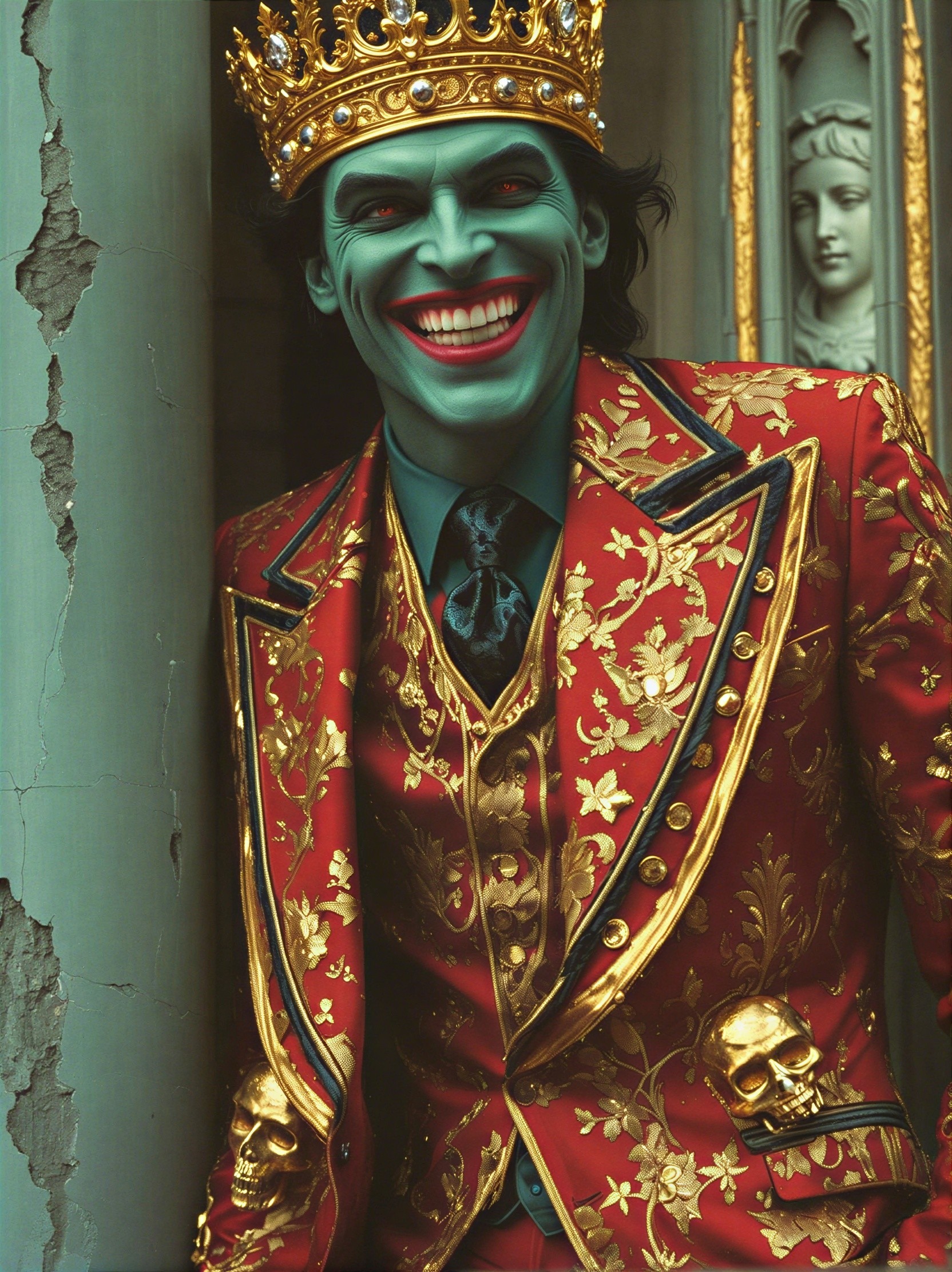 Vibrant Figure in Opulent Red and Gold Attire