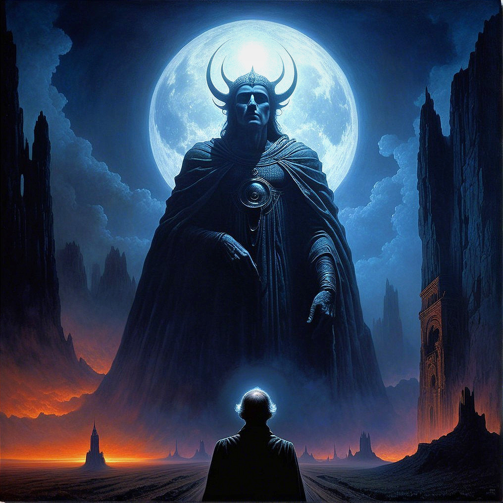 Mystical Landscape with Towering Cloaked Figure and Moon