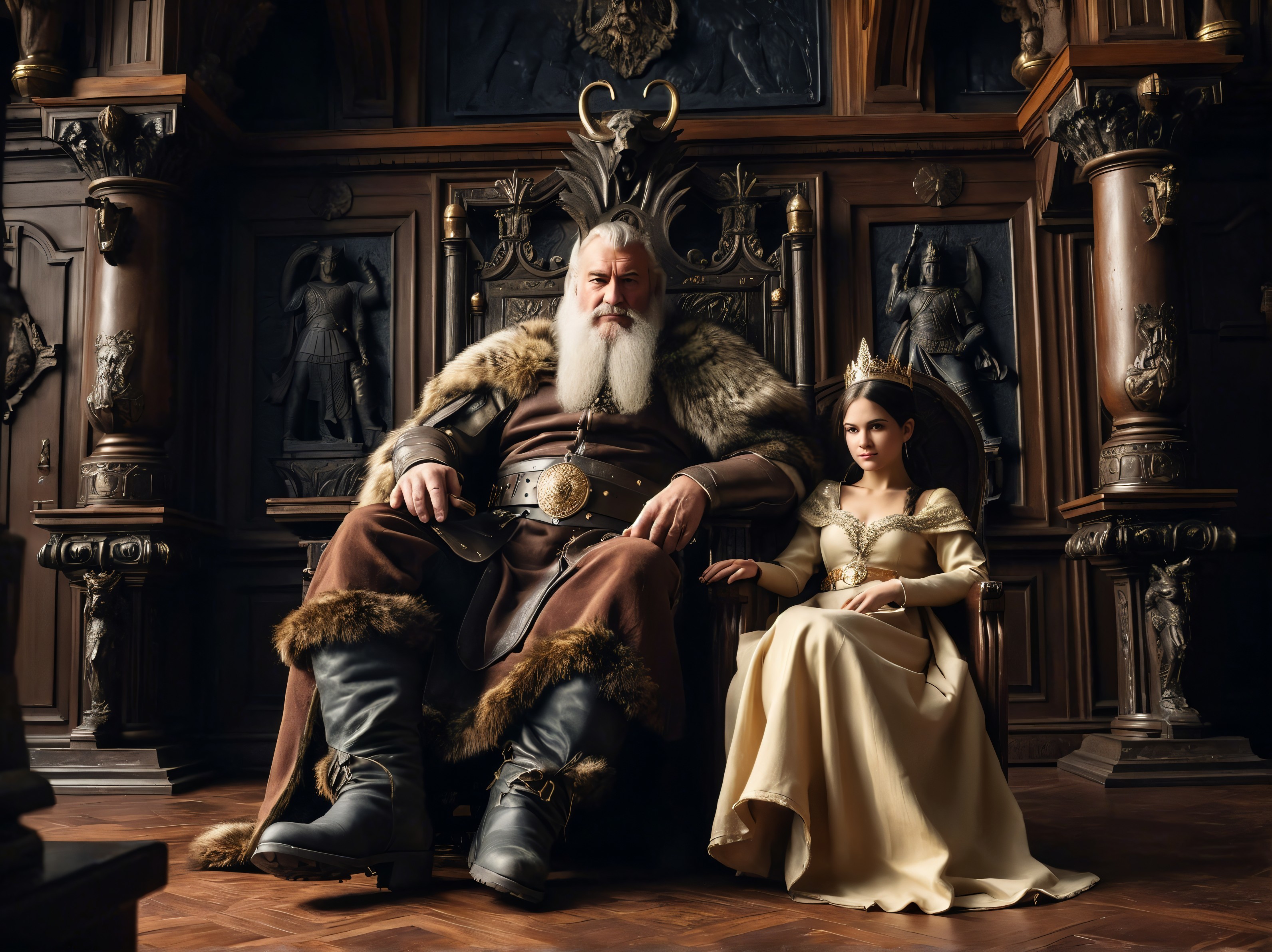 Regal King and Princess in Ornate Throne Room