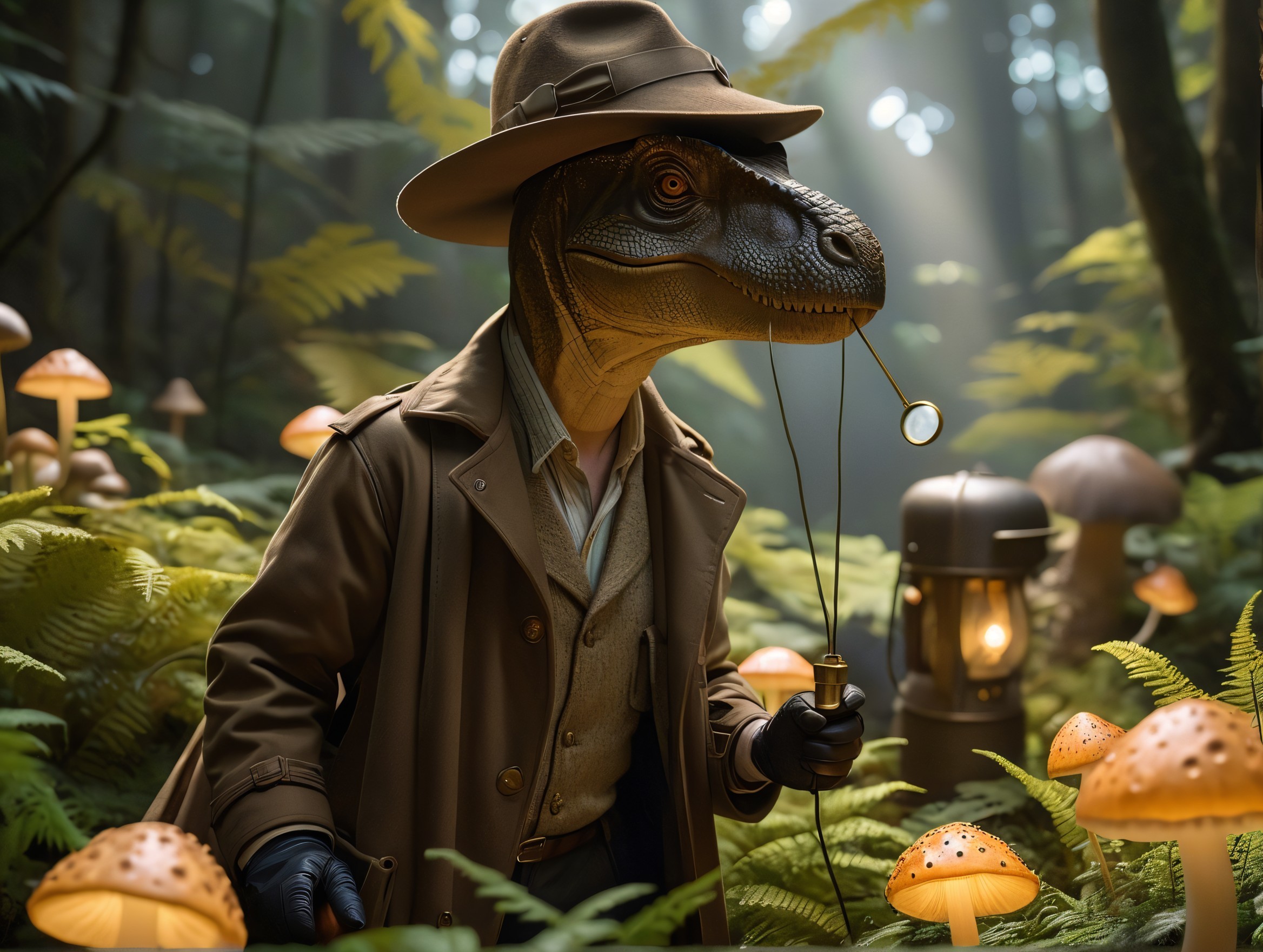 Dinosaur in Trench Coat Explores Mystical Forest