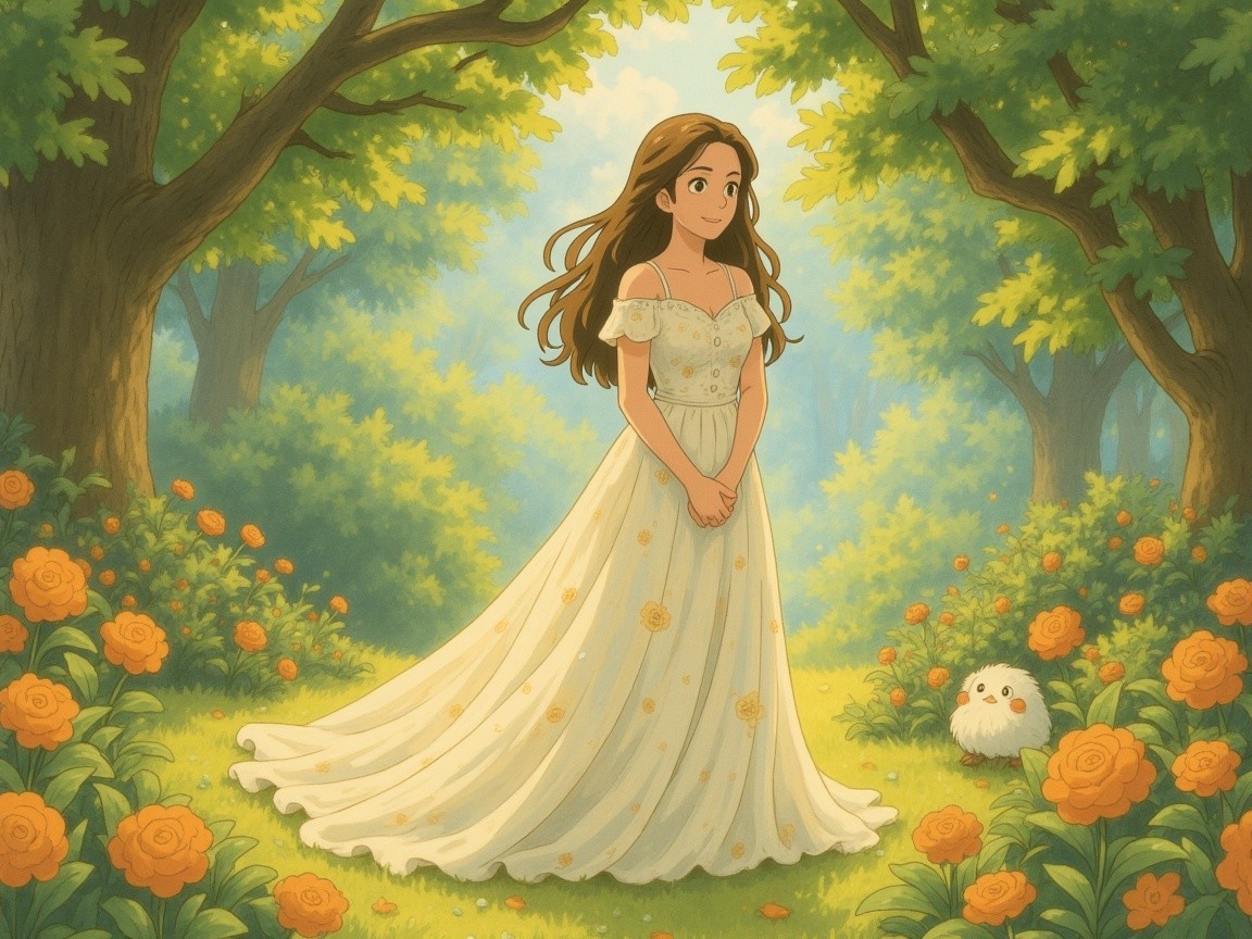 Young Woman in White Dress Surrounded by Roses