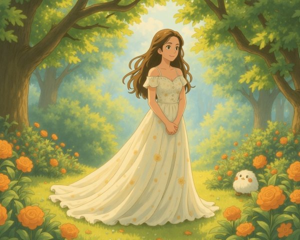 Young Woman in White Dress Surrounded by Roses