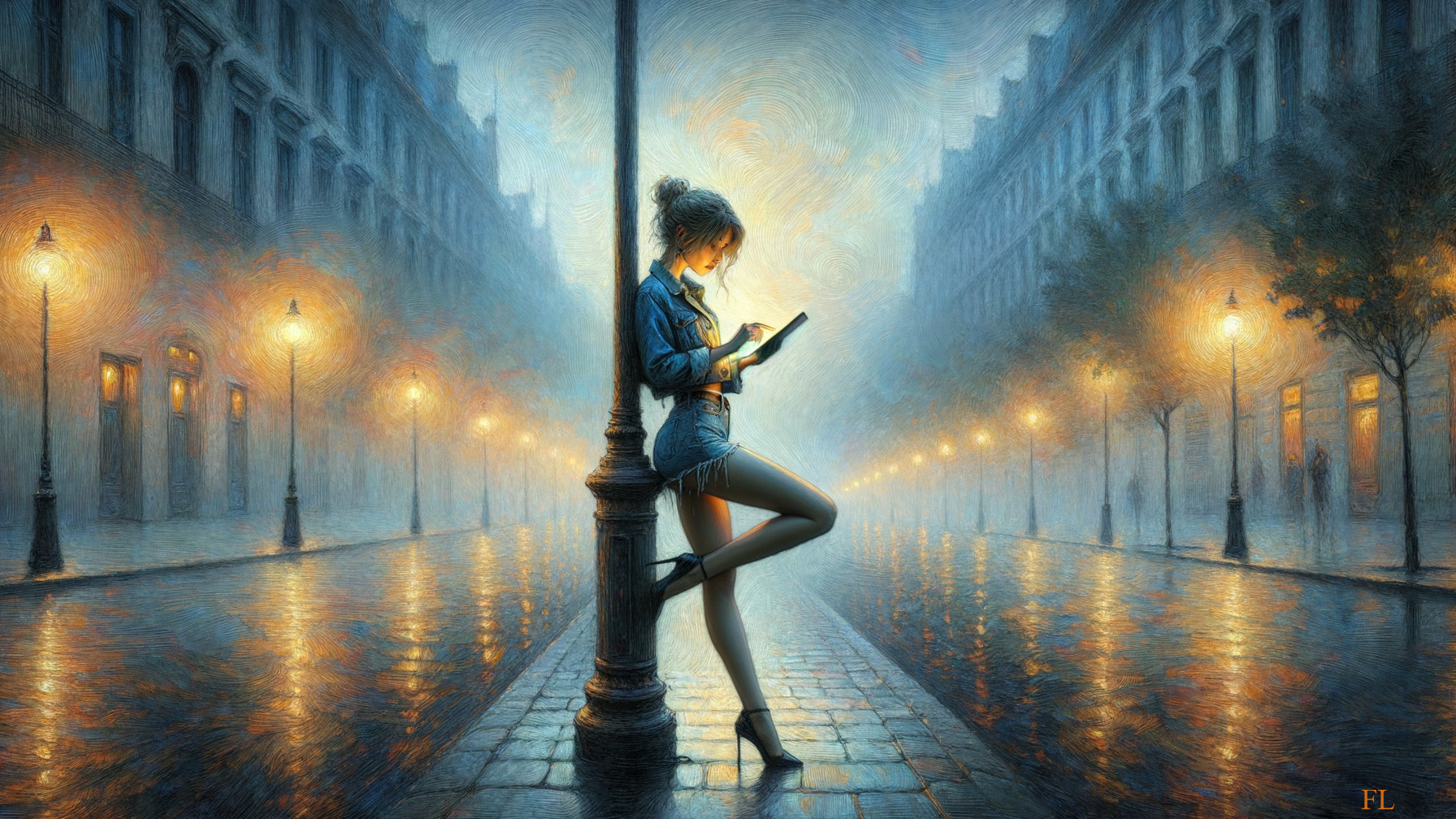 Young woman by lamppost on misty illuminated street