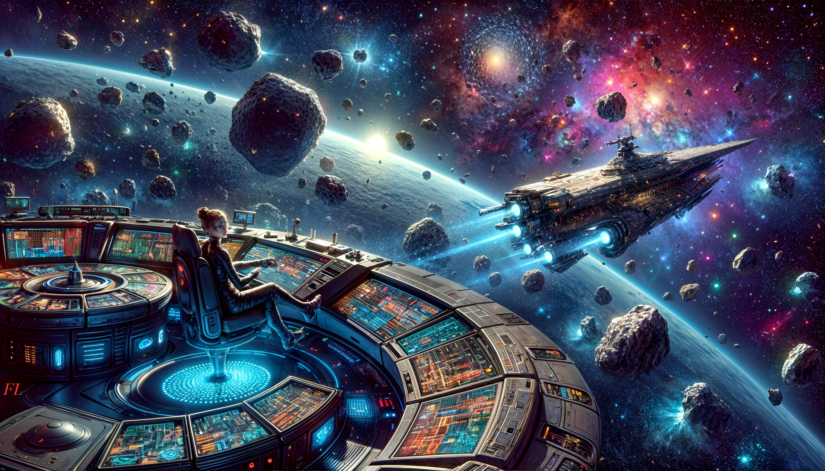 Starship Navigating Vibrant Asteroid Field in Space