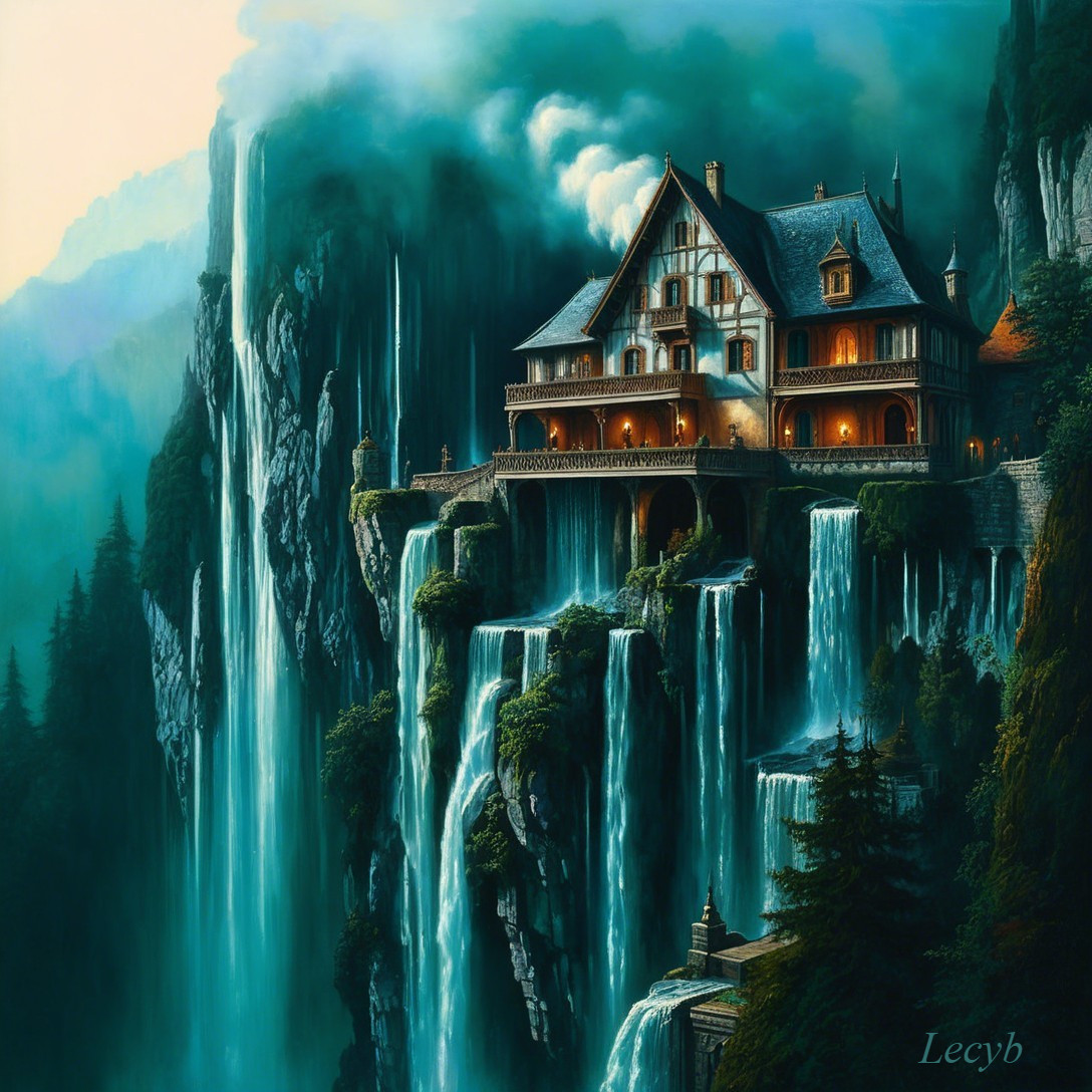 Majestic House on Cliff with Waterfalls and Mountains