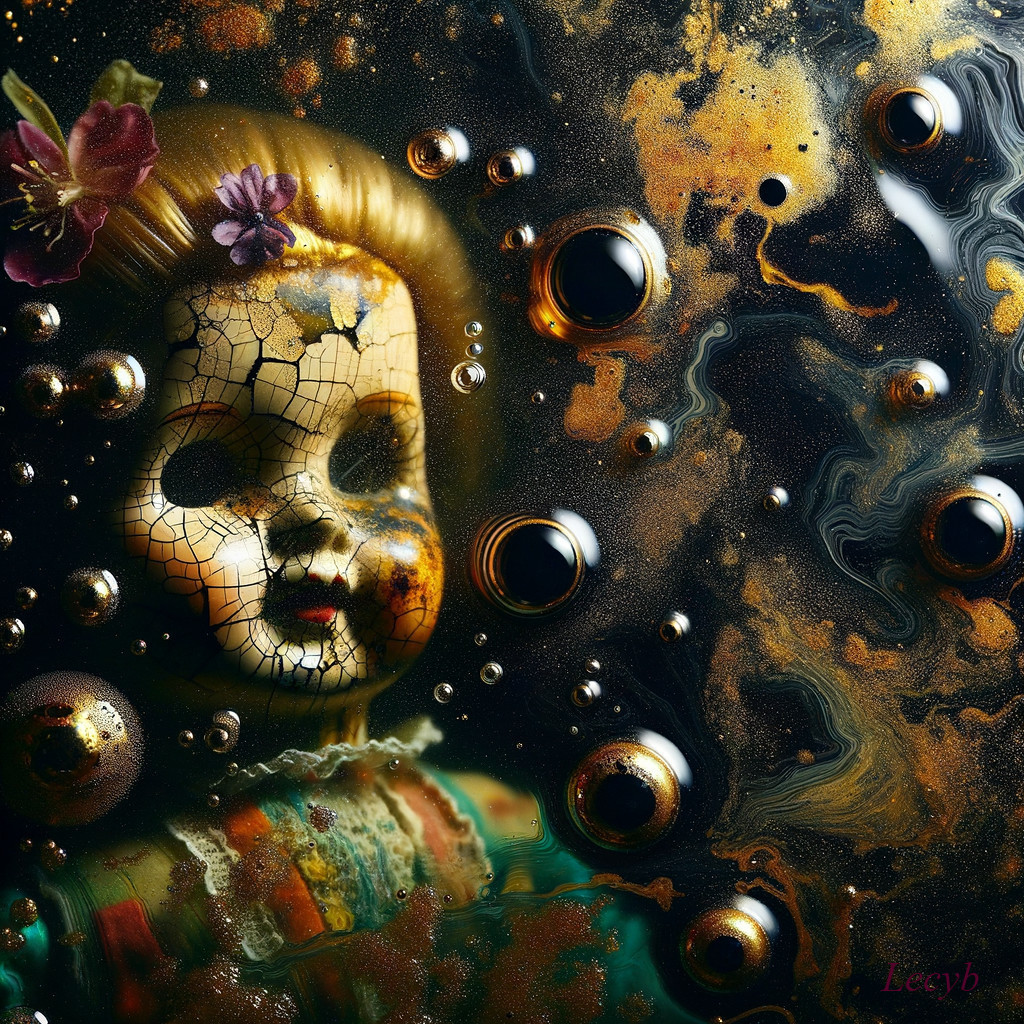Surreal Vintage Doll in Murky Colorful Liquid