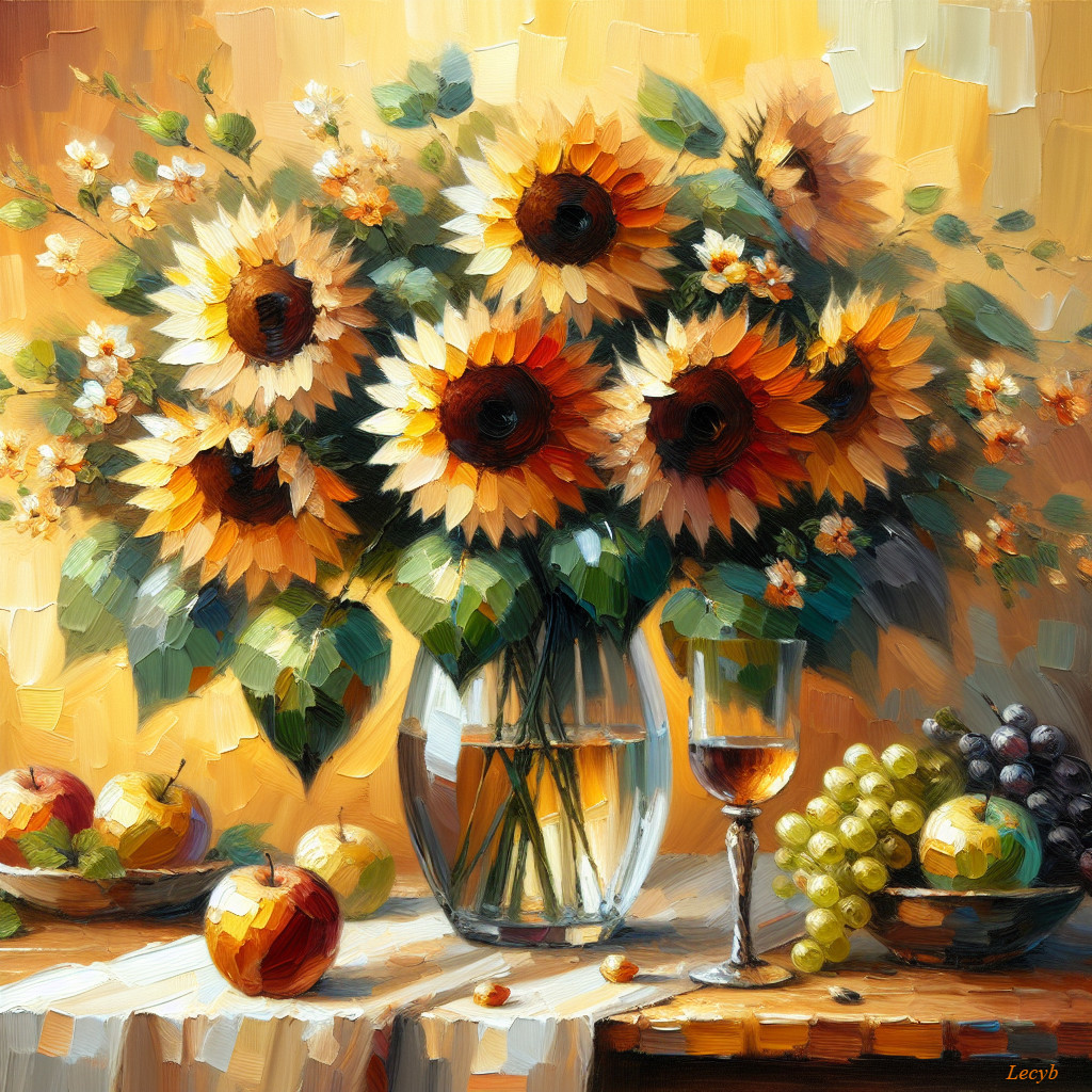 Vibrant Still Life with Sunflowers and Fresh Fruits