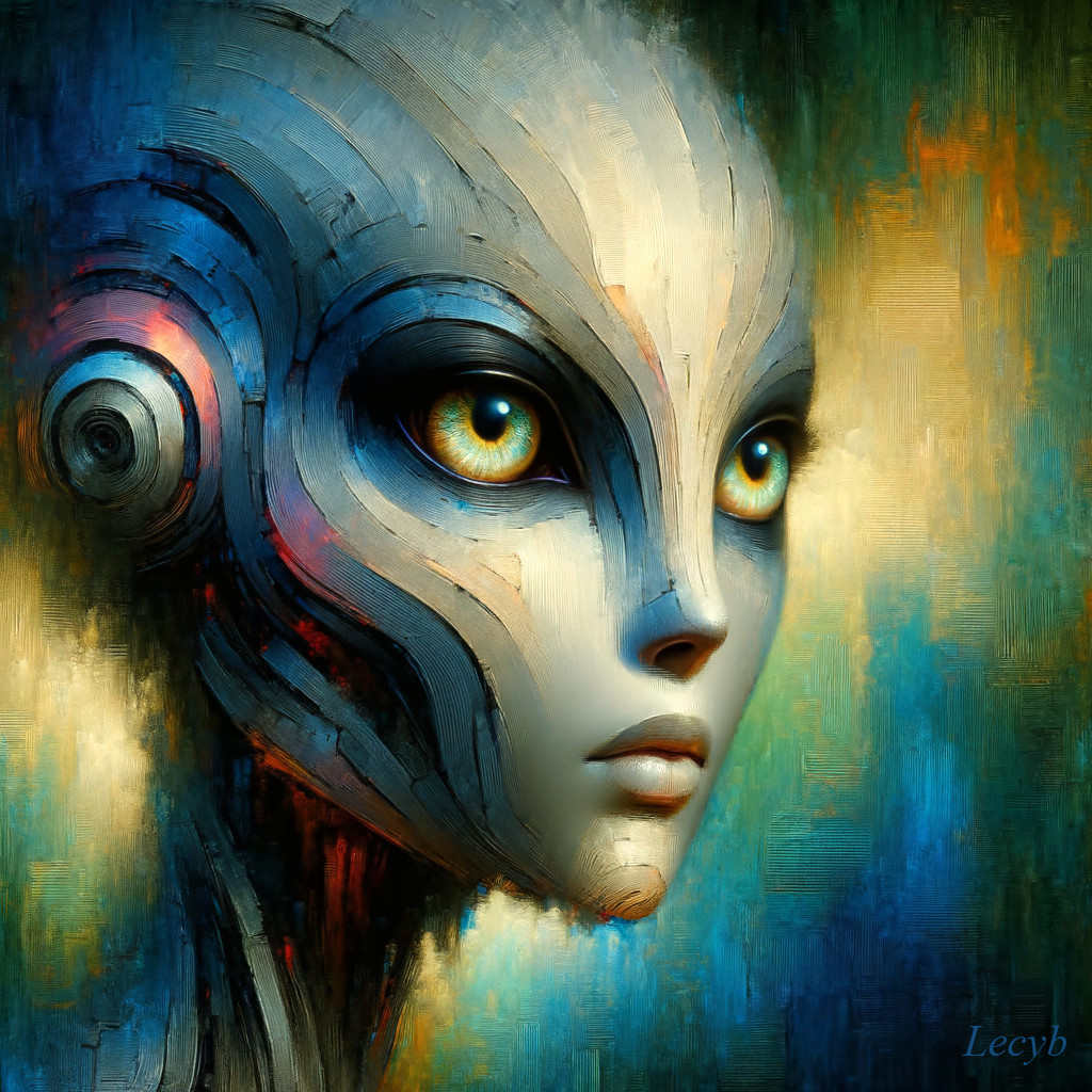 Futuristic humanoid figure with metallic face and yellow eyes