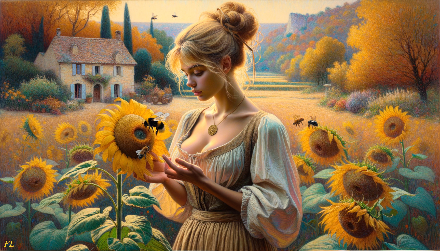 Young Woman in Vintage Dress Among Sunflowers