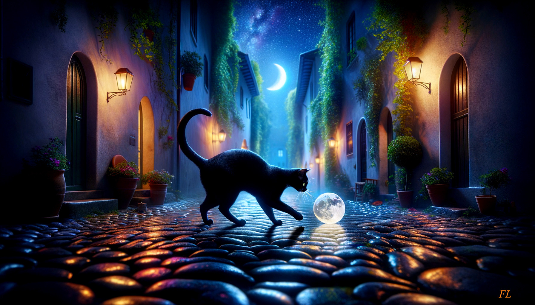 Black Cat and Moon Orb in Enchanted Night Scene