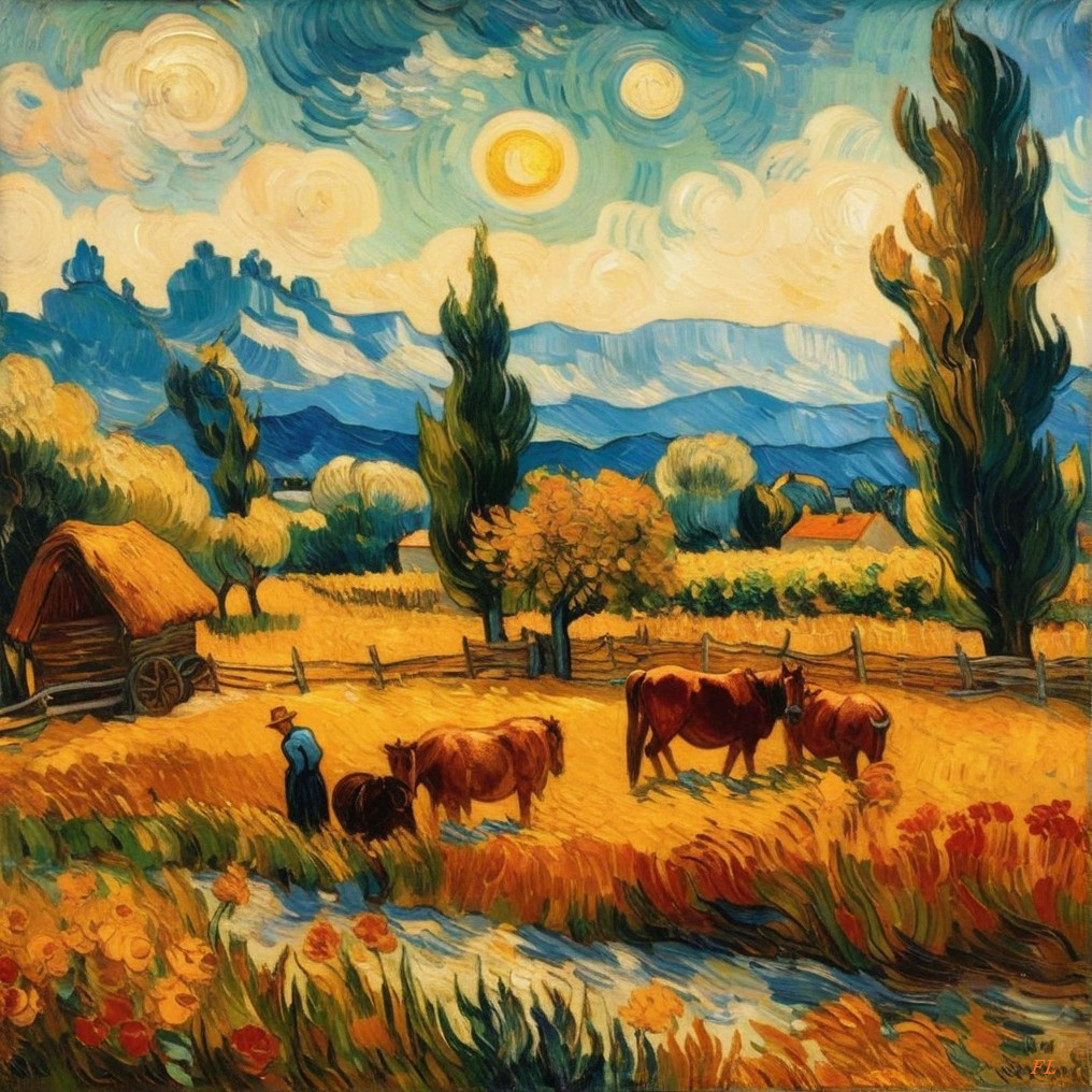 Sunlit Rural Landscape with Hills and Grazing Cows