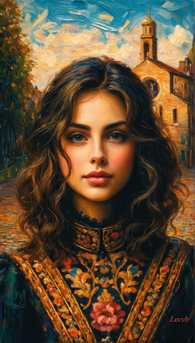 Young woman in ornate dress against picturesque backdrop