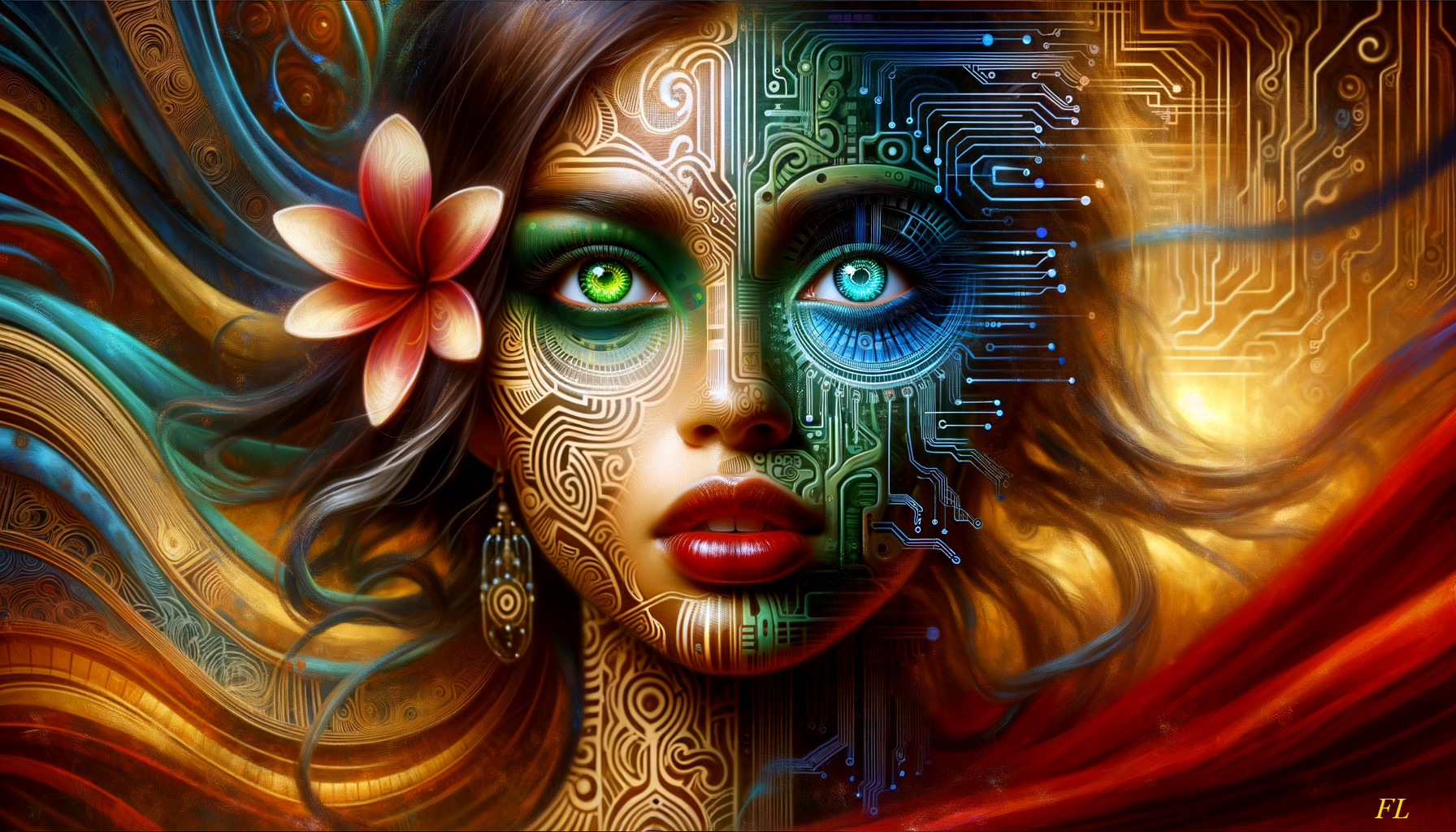 Half-Human, Half-Cybernetic Face with Colorful Elements