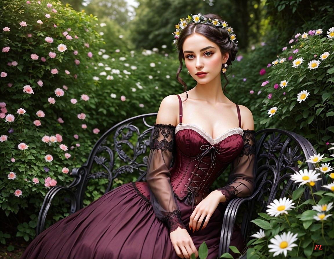 Elegant Woman in Burgundy Dress in Lush Garden