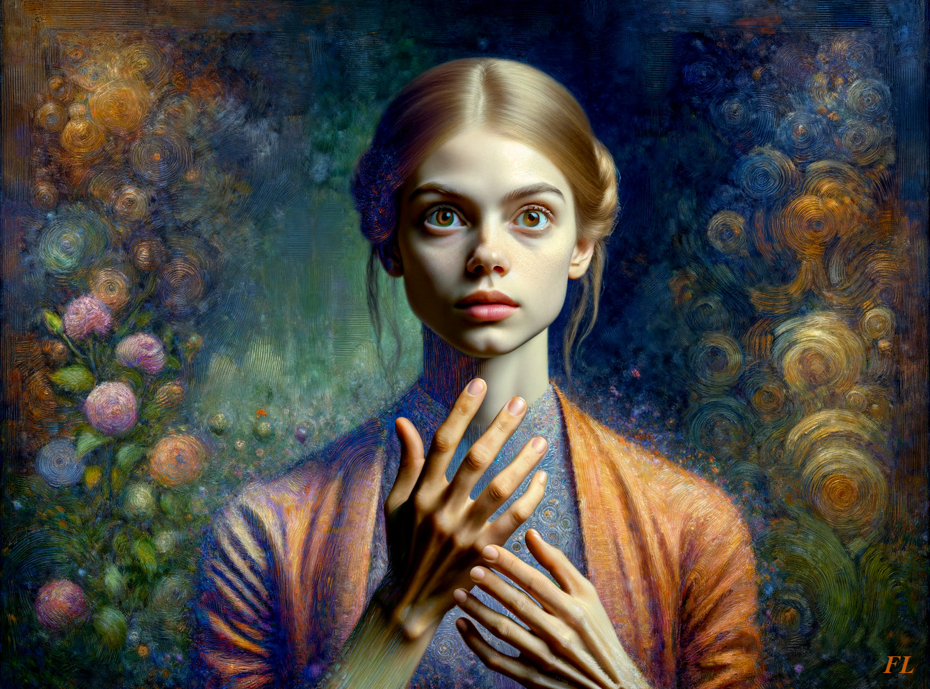 Young woman in vintage blouse with floral background